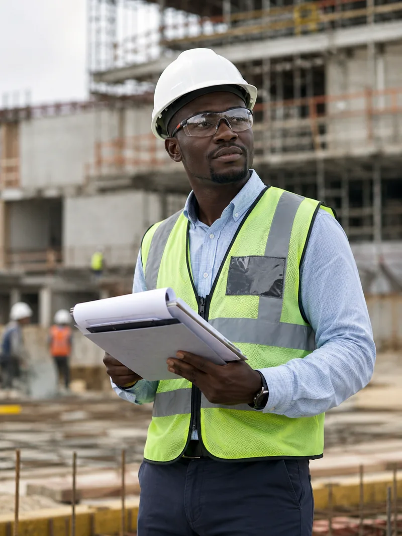 Maître d'œuvre relevant des constats sur chantier, dossier à la main